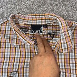 Vurt Mens Plaid Short Sleeve Button Up‎ Shirt Size L Cotton Orange White Pink